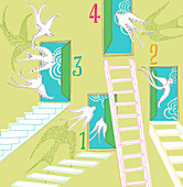 Open numbered doors with ladders, illustration