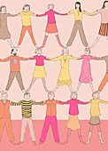 People cooperating to form human pyramid, illustration