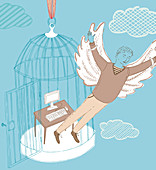 Businessman with wings escaping birdcage, illustration