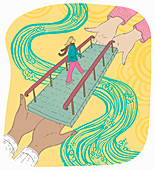 Woman crossing river supported by hands, illustration