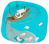 Trawler boat with net gathering information, illustration
