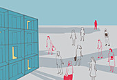 Business people approaching doors, illustration