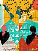 Businessmen with world map and financial data, illustration