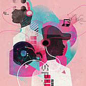Teenagers mixing and listening to music, illustration