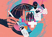 Global science and medicine montage, illustration