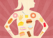 Unhealthy food inside woman's body, illustration