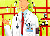 Healthcare workers examining doctor, illustration