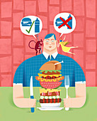 Man deciding whether to eat unhealthy food, illustration