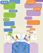 Couple lying in bed texting, illustration