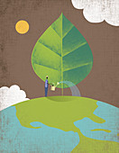 Man watering tree growing on top of globe, illustration