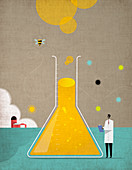 Scientist researching bees and agriculture, illustration