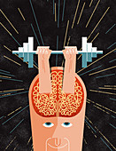 Hands lifting barbell from man's brain, illustration