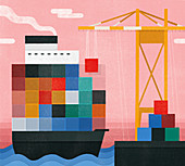 Crane unloading cargo from container ship, illustration
