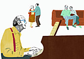 Older people playing piano and dancing, illustration