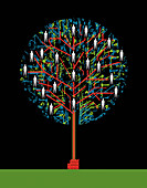 People in network tree growing from factory, illustration