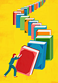 Woman pushing books in domino effect, illustration