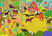 Animals in colourful jungle, illustration