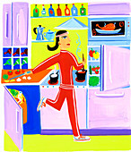 Efficient woman preparing healthy food, illustration