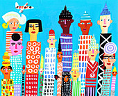 City skyscrapers with multi-ethnic faces, illustration