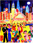 Busy nightlife in New York City, United States, illustration