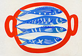 Four different fish on tray, illustration