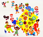 People enjoying picnic barbecue, illustration