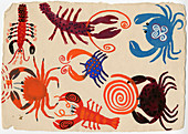 Patterned lobsters and crabs, illustration