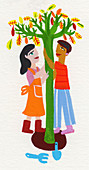 Young couple planting tree together, illustration