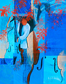 Abstract of man playing blues on double bass, illustration
