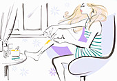 Beautiful woman waxing leg, illustration