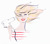 Close up beautiful woman drying hair, illustration