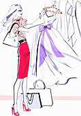 Beautiful woman shopping admiring evening gown, illustration