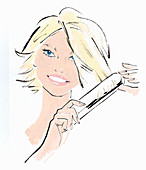 Woman straightening hair, illustration