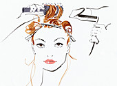 Woman styling her hair, illustration