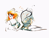 Woman reclining with dress blowing in wind, illustration