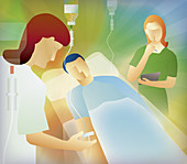 Examiner watching nurse checking drip, illustration