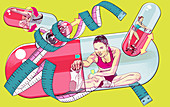 People exercising inside of supplements, illustration