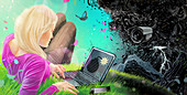 Woman using laptop with binary code time bomb, illustration