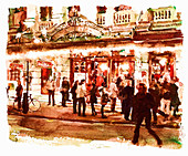 Busy street with people outside of theatre, illustration