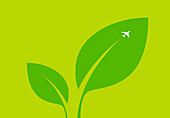 Airplane flying over green leaf, illustration