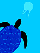 Turtle swimming in plastic pollution, illustration