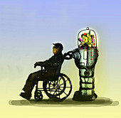 Robot pushing elderly man in wheelchair, illustration