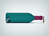 Child looking at mother trapped inside of wine bottle, illus