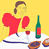 Woman drinking red, illustration