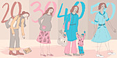 Life stages of woman, illustration