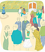 Shy woman on own at party, illustration