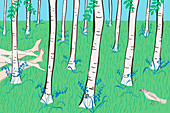 Bare legs of couple lying in bluebell woods, illustration
