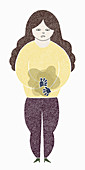Woman worrying about stomach ache, illustration