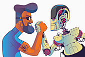 Man and robot arm wrestling, illustration