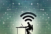 Man working at desk connected to cyberspace, illustration
